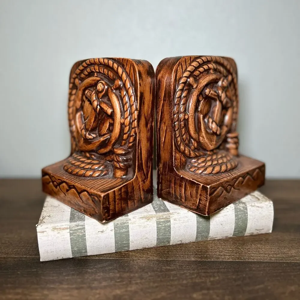 Vintage Ceramic Cramer Mold Bookends Anchor Nautical Rope Faux Wood Brown